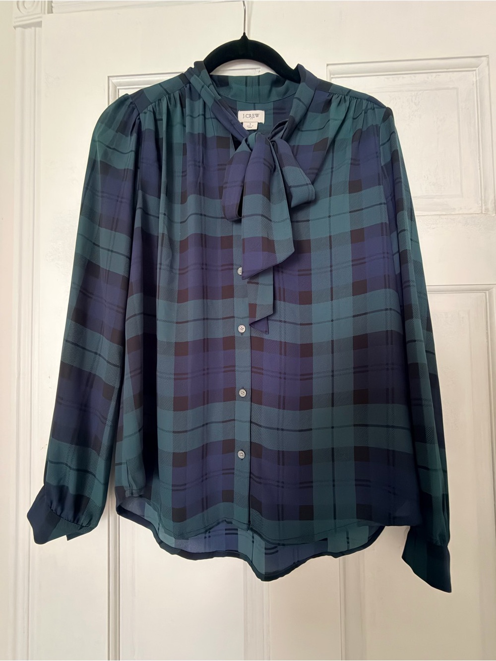 J. Crew Teal and Navy Plaid Tie-Neck Blouse